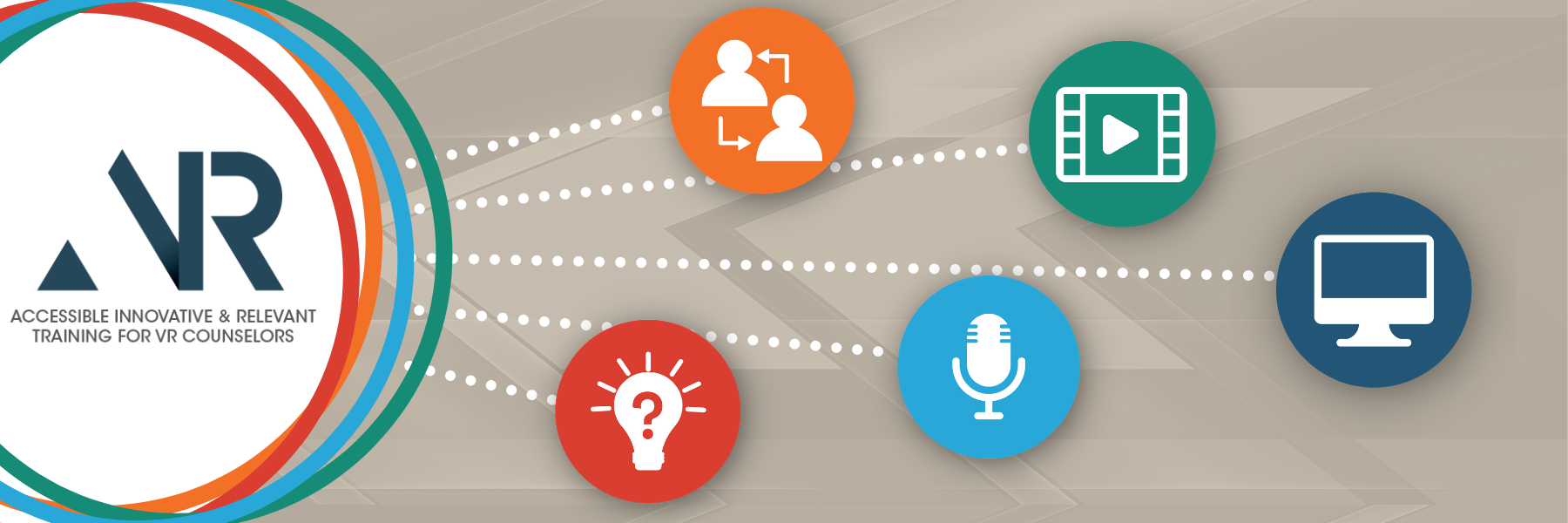 AIR Course Banner featuring 5 icons representing the 5 elements of the curriculum including a computer for online classes; a microphone for podcasts; a filmstrip for videos; people for skill engagement exercises, and a lightbulb for the community of practice. 