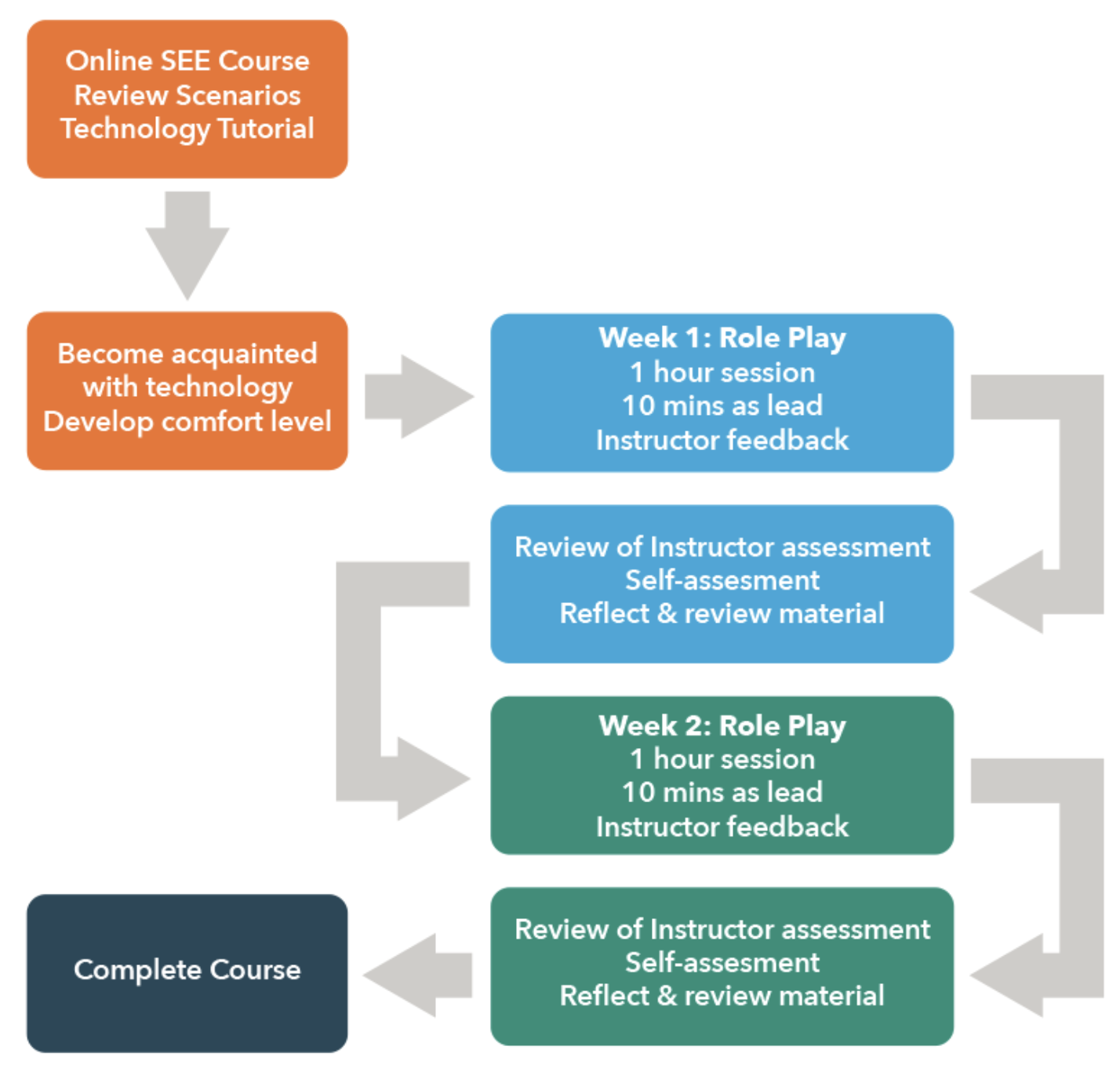 Pathway image that contains the following steps
1) Online SEE Course, Review Scenarios, Technology Tutorial
2) Become acquainted with technology, Develop comfort level
3) Week 1 Role Play, 1 hour session, 10 minutes as lead, Instructor Feedback
4) Review of Instructor assessment; Review material, Self Assessment
5) Week 2: Role Play, 1 hour session, 10 minutes as lead, Instructor Feedback
6) Review of Instructor assessment; Review material, Self Assessment
7) Complete course
