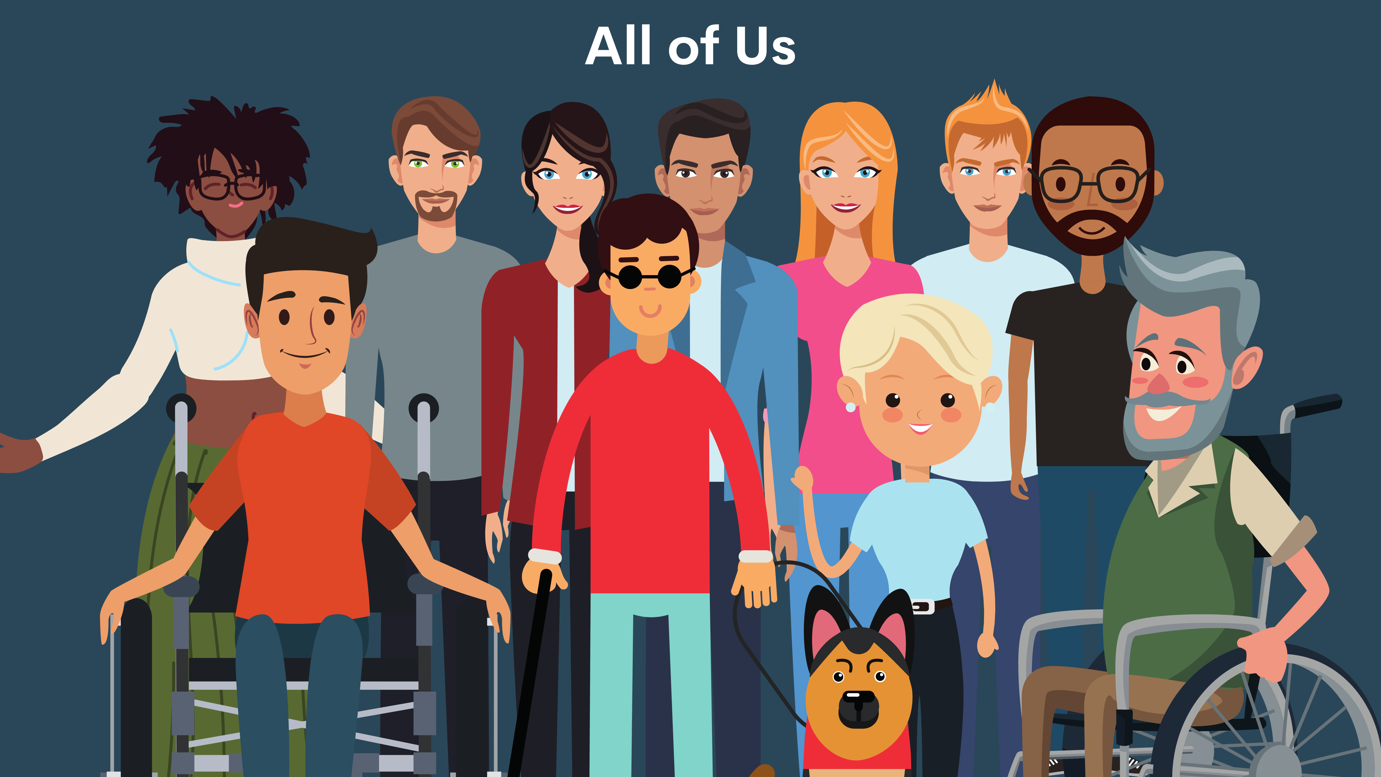 Under the caption "All of Us" is a group of people from both of the images above, representing people with and without disabilities. 
				