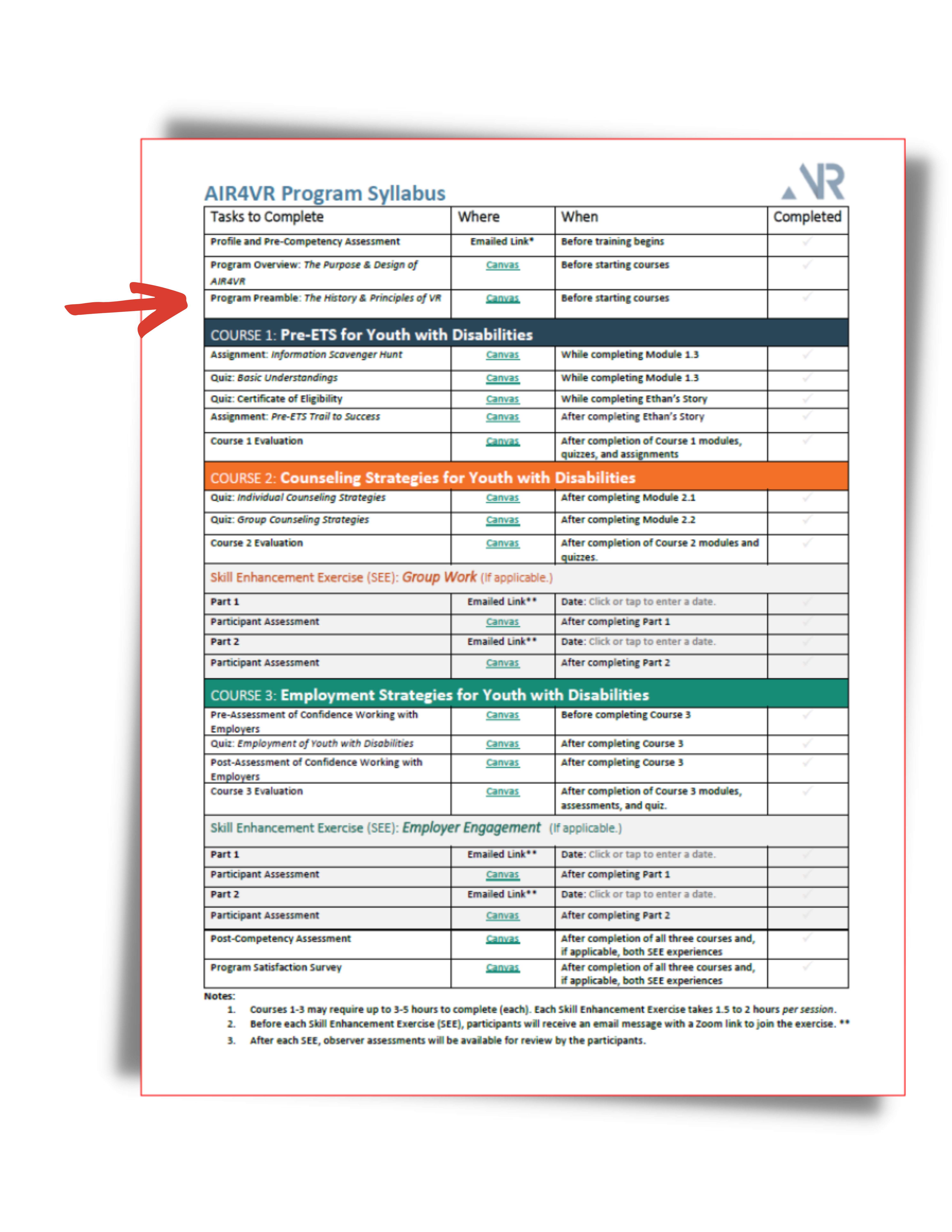 Image of syllabus with an arrow indicating Preamble as the current location.