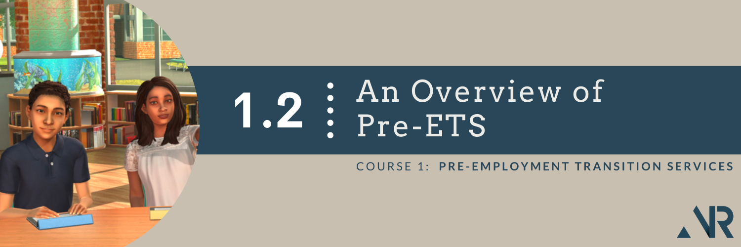 Rectangular banner with student avatars on the left and text to the right that reads: 1.2 An Overview of Pre-ETS.