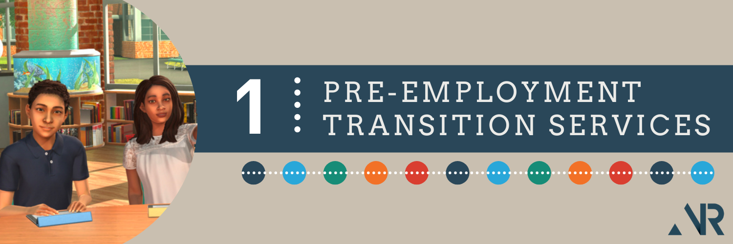 A rectangular graphic featuring an image of two student avatars  (1 male, and 1 Hispanic female) sitting in a classroom followed by the words: "1: Pre-Employment Transition Services"