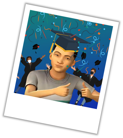 A polaroid image of Ethan wearing a graduation cap and giving a thumbs up.  Behind him are other graduates celebrating. There is confetti falling from above. 