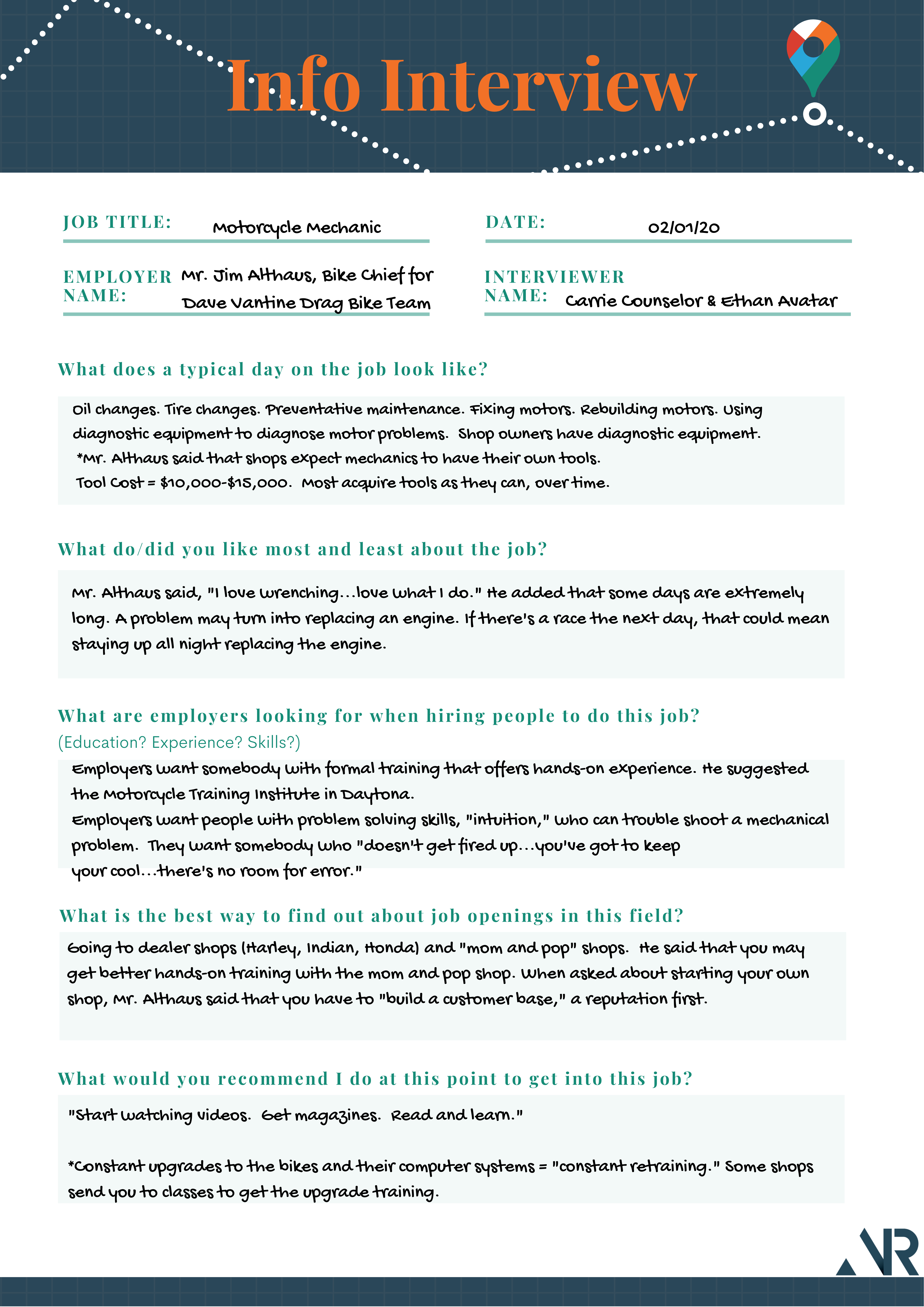 Info Interview: worksheet side of two-page document. The worksheet features: Job Title, Date, Employer Name, Interviewer Name, and questions including: 
				What does a typical day look like?
				What do you like most and least about the job?
				What are employers looking for?
				What is the best way to find out about openings in this field?
				What would you recommend I do at this point to get into this job?
				