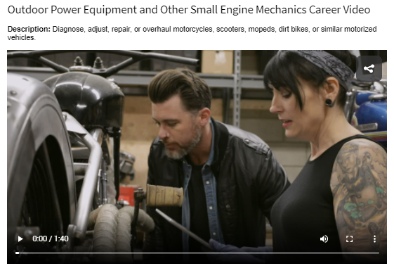Still shot of video showing the backend of an elevated motorcycle on the left of image and man and woman standing side by side on the right of the image. Man is wearing a black leather jacket and nose ring; he is leaning forward, inspecting the cycle.  The woman is wearing a black tank top with tattoos on her left arm; she is holding a tool.  
				