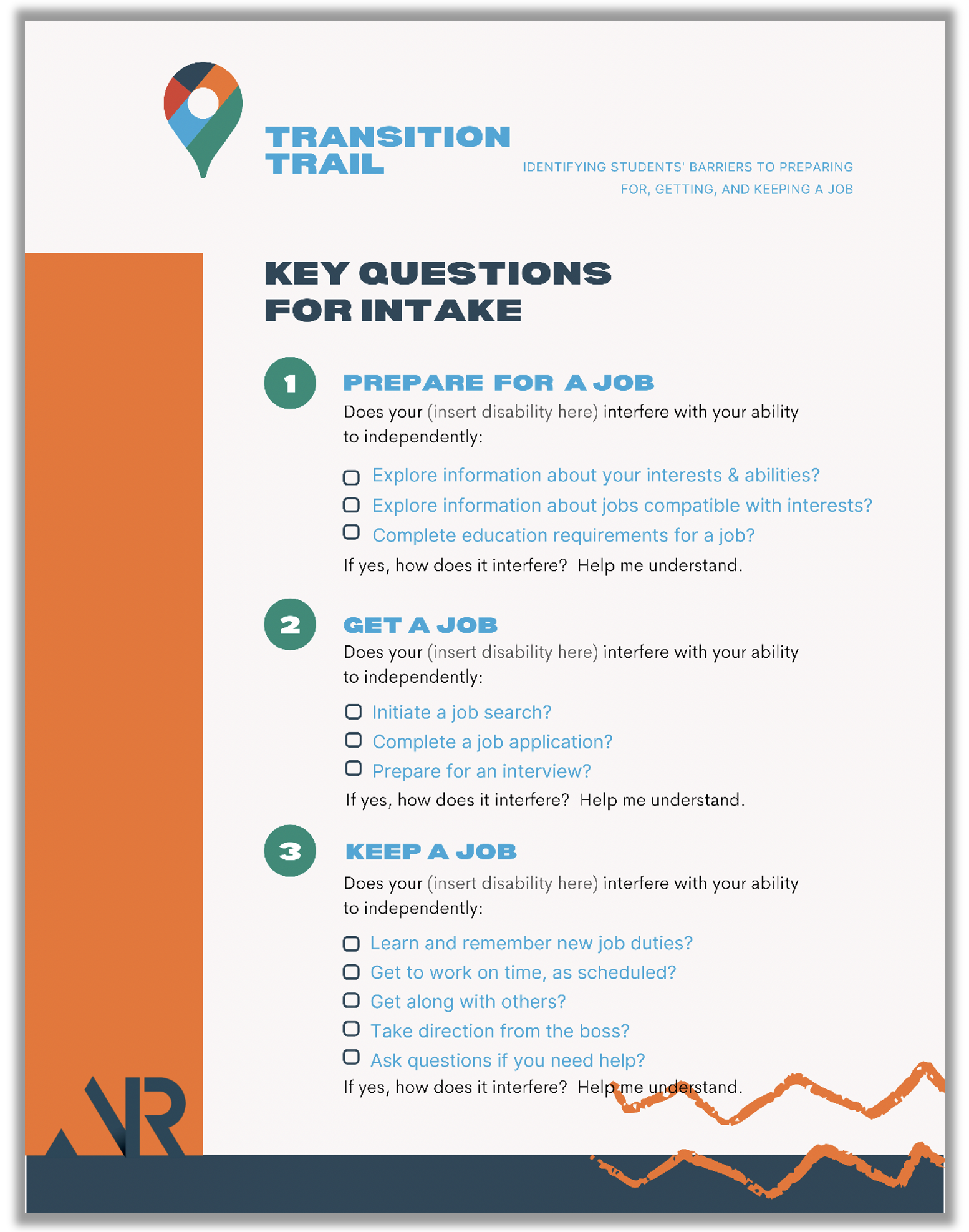 Document top headers read: Prep for The Pre-ETS Trail, followed by Key Questions for Intake under subheadings reading: 1) Prepare for the Job, 2) Get a Job, and 3) Keep a Job. Content under each heading is described in the narrative above the image.
				