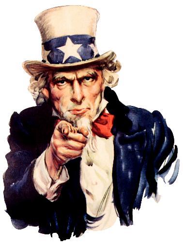 A cartoon image of Uncle Sam wearing a white beard,  a blue high collar jacket, red bow tie, and white top hat with a blue hatband featuring white stars. He is pointing to the audience with a commanding expression on his face.