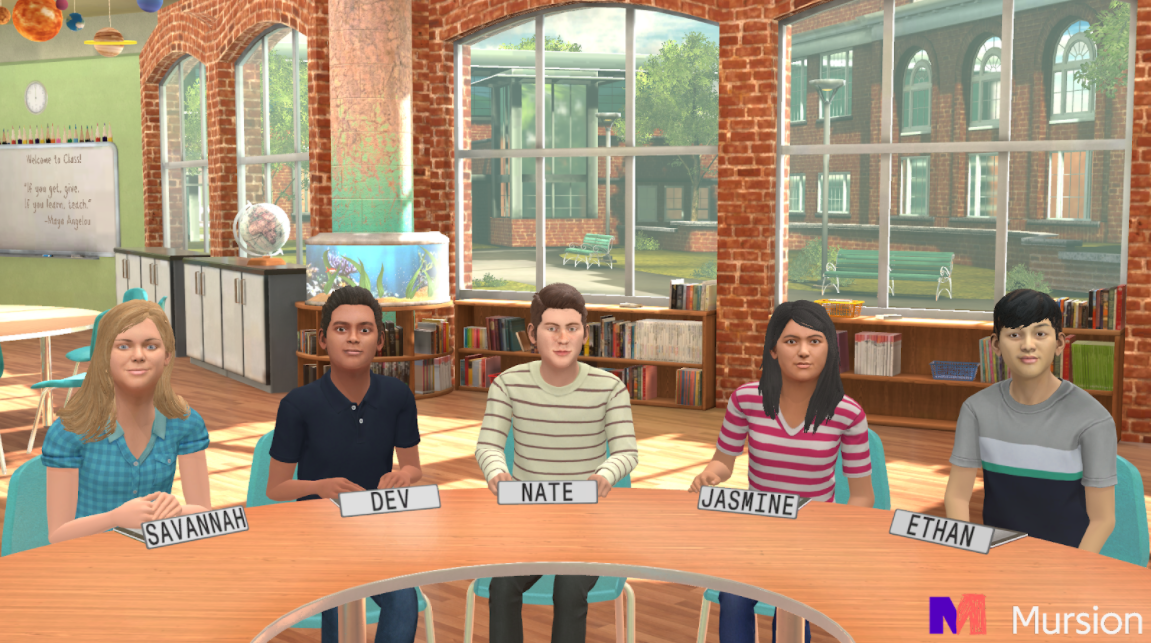 Avatars seated at semi-circle table. From left to right they are: Savannah, Dev, Nate, Jasmine, and Ethan.
