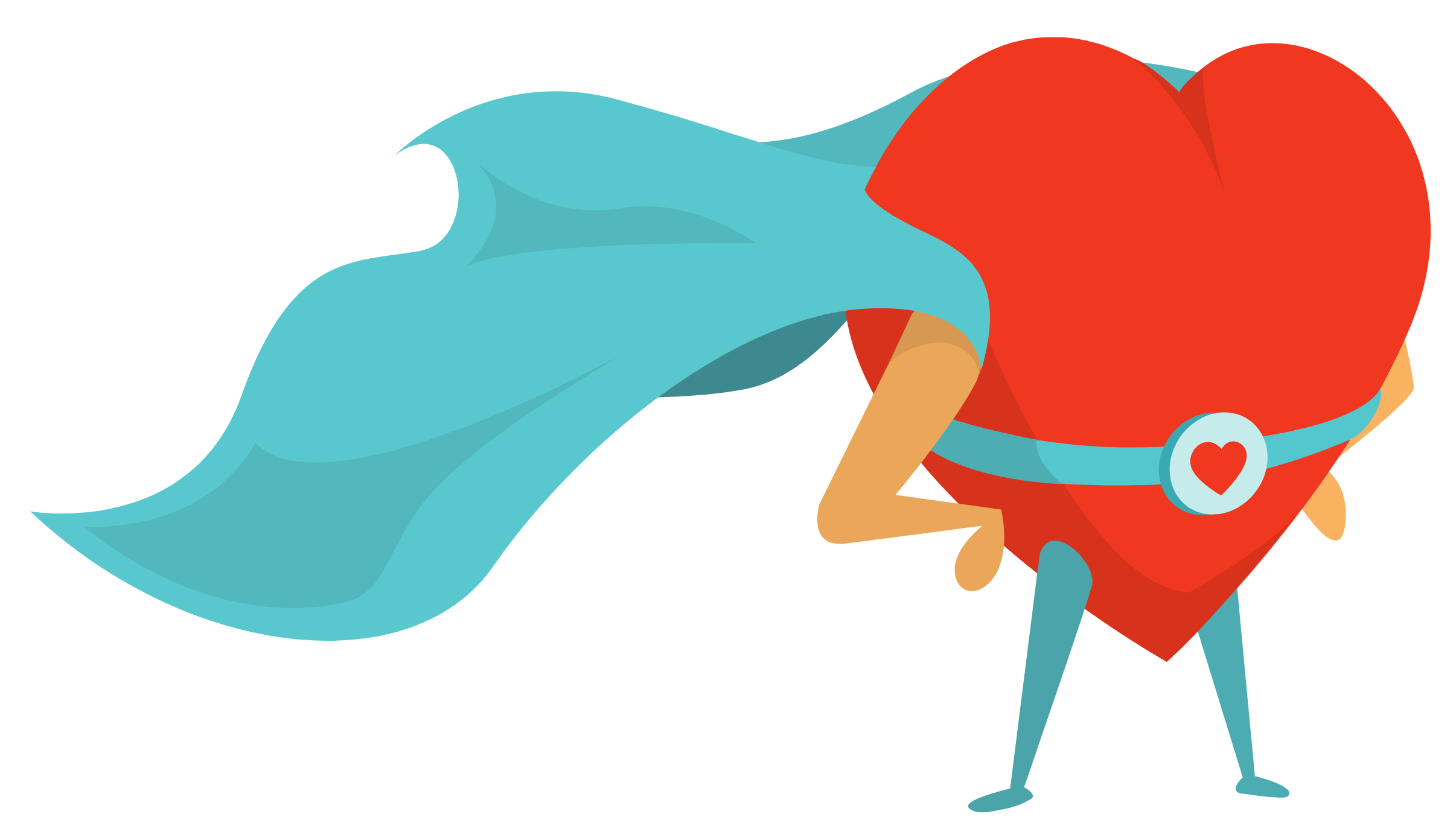 Red cartoon heart wearing a green cape and holding hands on its hips as if to say, I'm am fearless, strong, bold