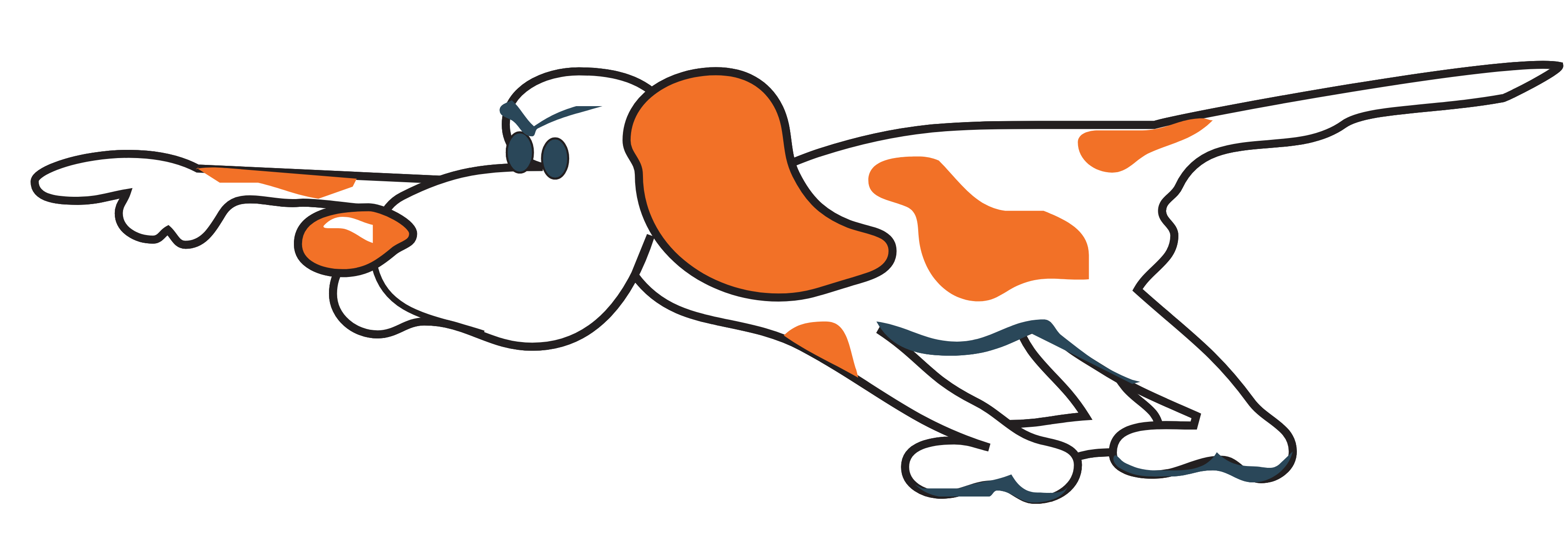 Comical spotted cartoon dog in pointing position.