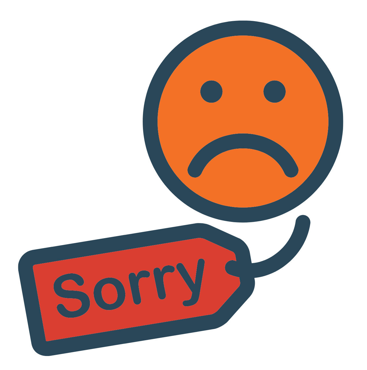 A graphic image representing an apology shows a sad face and a sign that says "sorry."