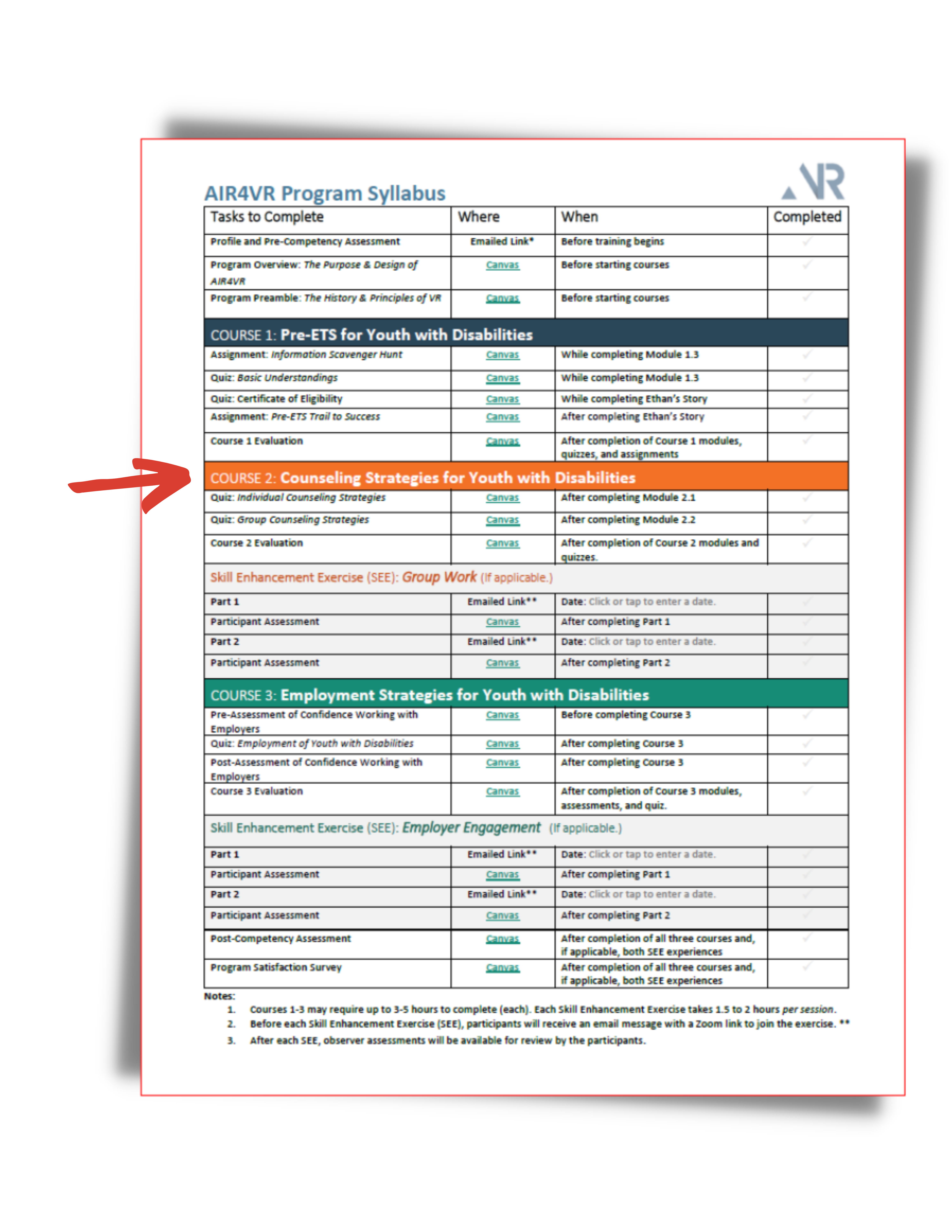 Image of syllabus Checklist with an arrow indicating location of Course 2.