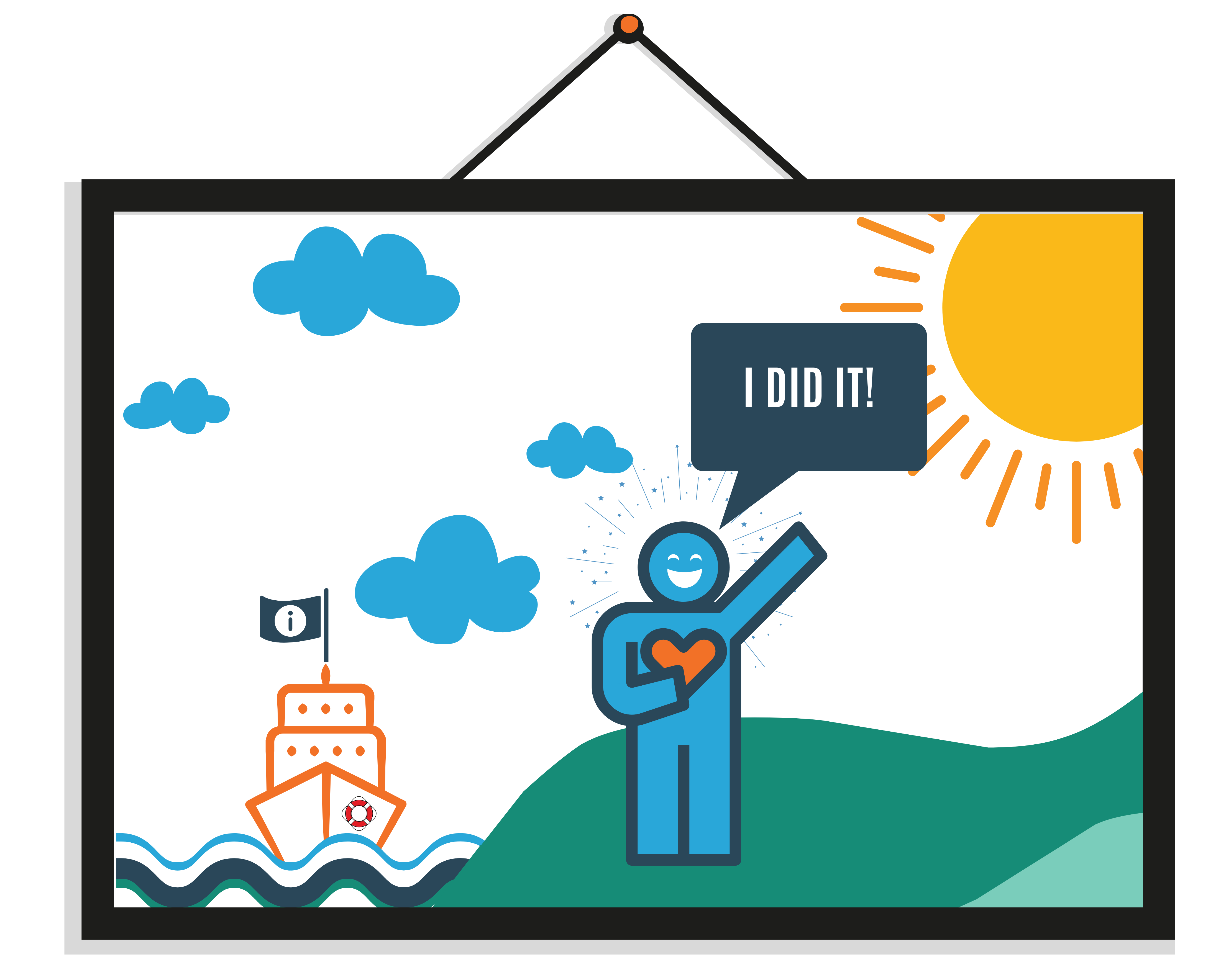 Graphic image representing success shows a person standing ashore. Ship in the background. A speech bubble above his head says, "I did it!"