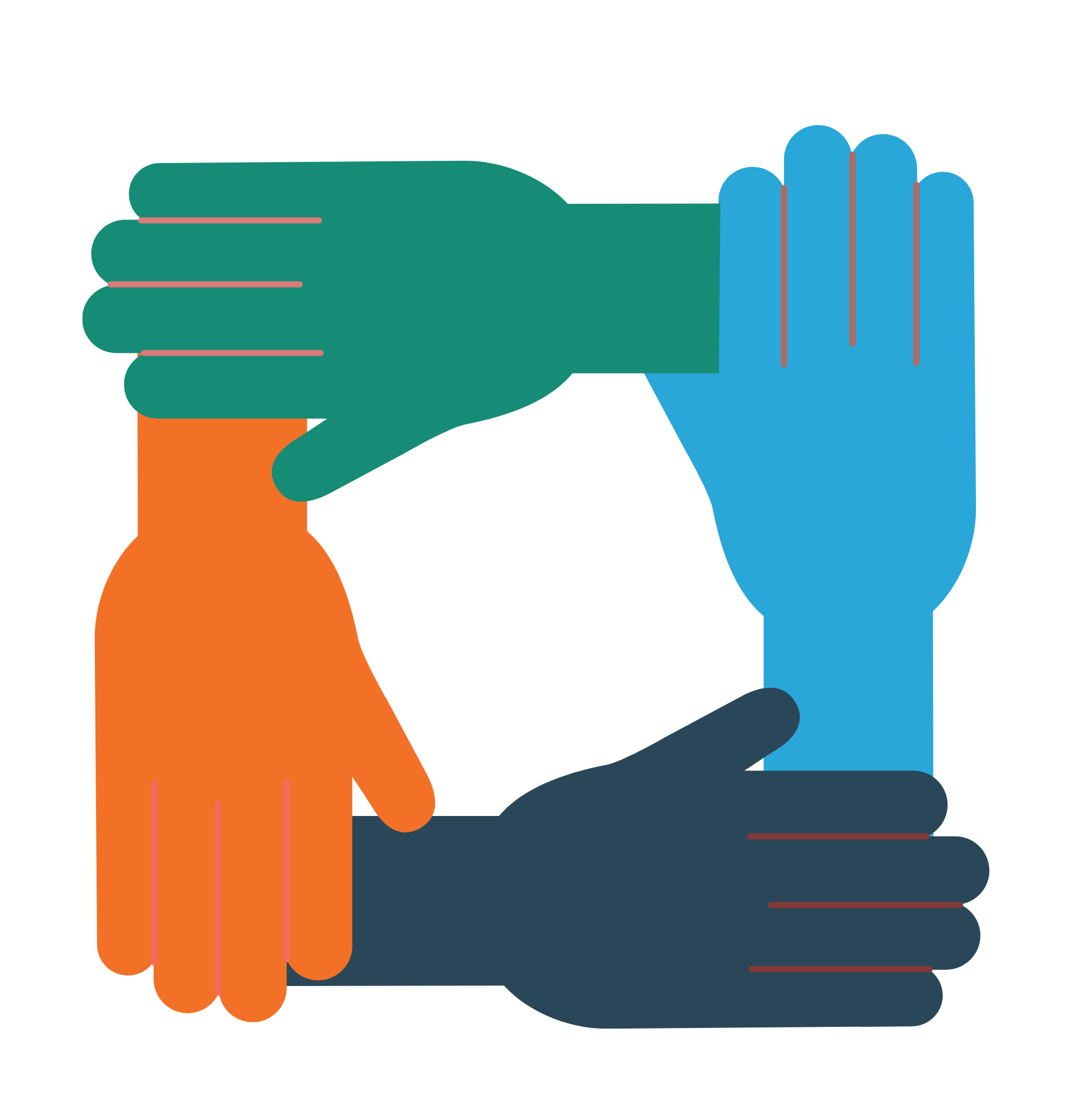 A graphic representation of 4 linked hands representing cooperation and interdependence.