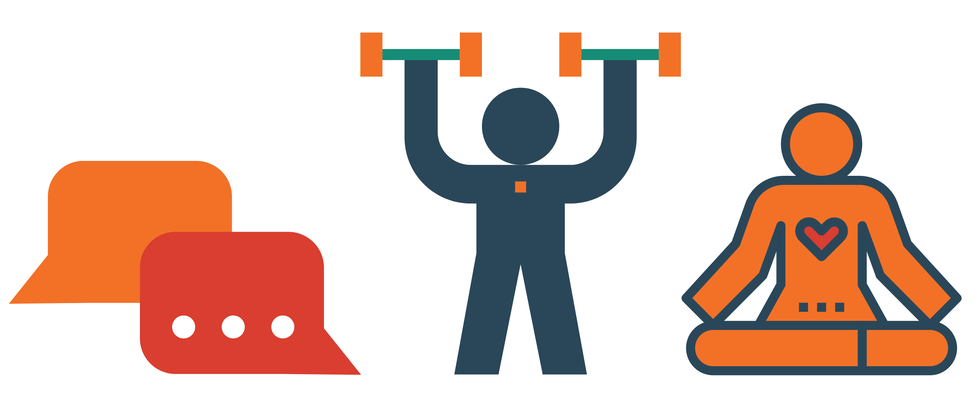 A graphic image of speech bubbles (talking), a person exercising, and a person doing yoga, all represent coping strategies. 