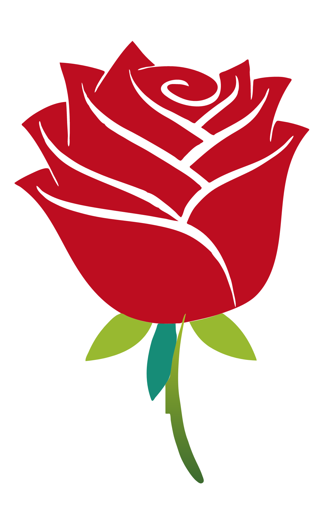 A graphic red rose with a green stem and leaves.