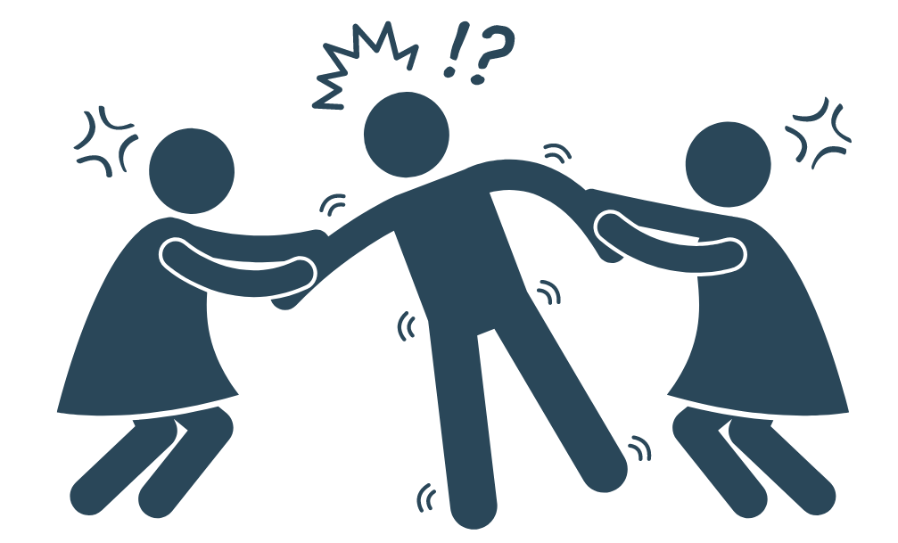 A person in the center is being pulled in opposite direction from persons on both sides.