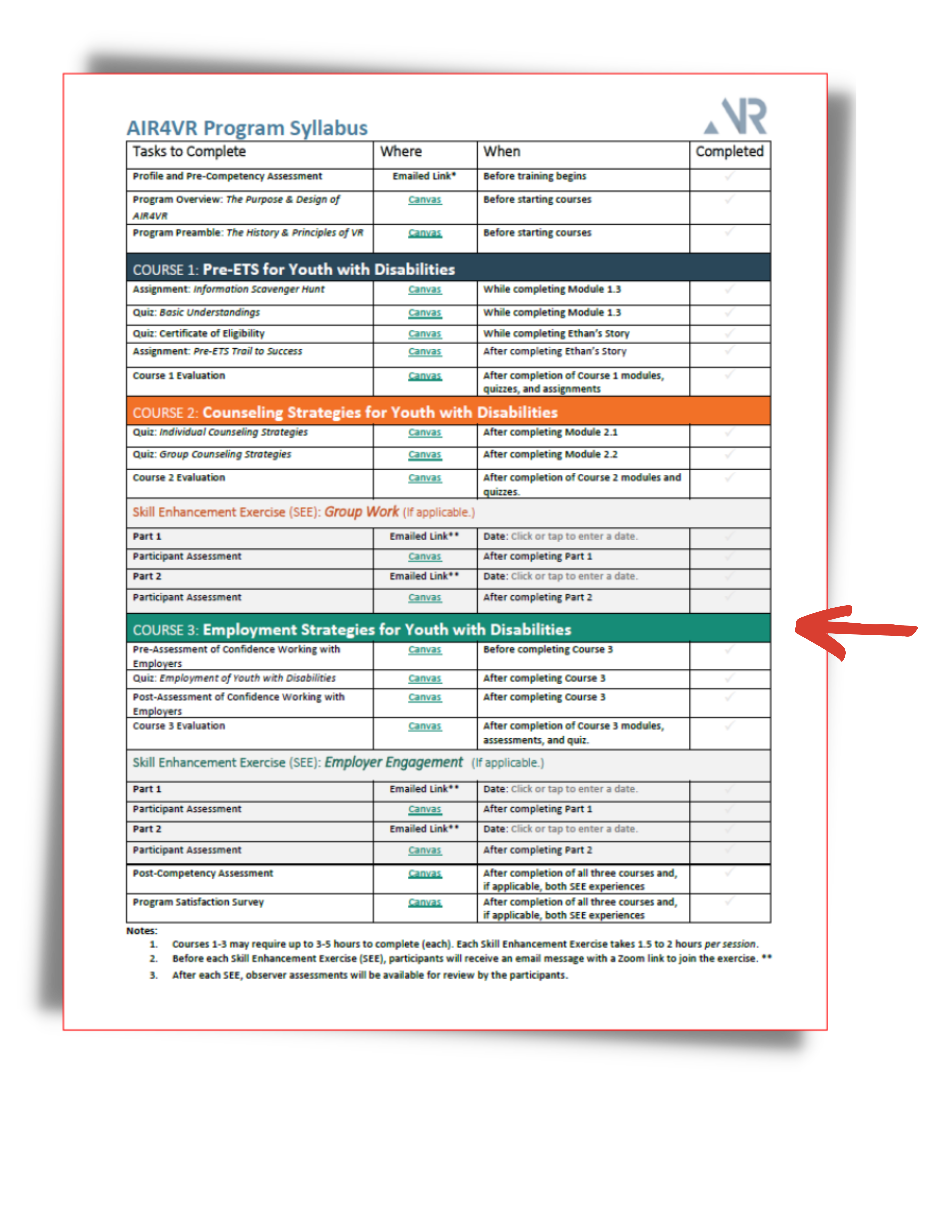 Image of syllabus checklist with arrow indicating location of Course 3.