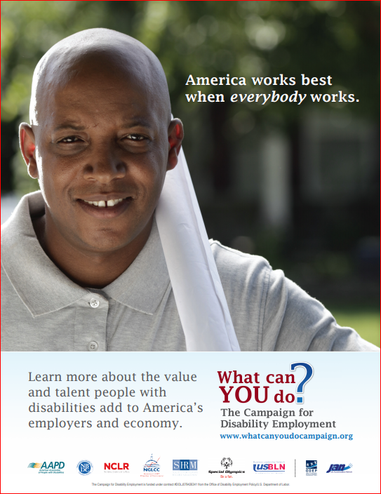 A smiling African American man is holding a rolled-up blueprint over his shoulder in an outdoor setting. The caption to his right reads: "America works best when everybody works." 