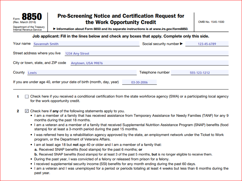 Top half of IRS form 8850: Pre-Screening and Certificate Request for the Work Opportunity Credit. The form, filled out by the counselor, shows Savannah's name, address, phone number, etc.